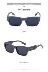 Front and 45 degree side views of matte gray square polarized sunglasses with TAC lenses