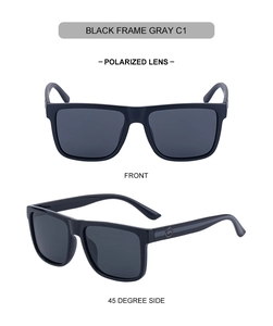 Front and 45-degree angle view of matte black polarized sunglasses with gray lenses