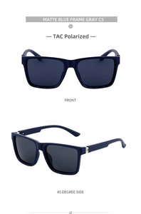 Macro detail of matte blue polarized sunglasses featuring TAC gray lenses and metal hinge