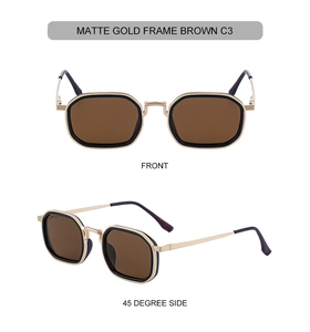 Vue de face et de profil de lunettes de soleil rétro en métal doré mat avec verres marrons