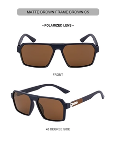 Detail view of matte brown polarized sunglasses with metal accents and anti-slip temples