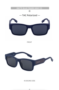 Detail of matte blue rectangular polarized sunglasses with TAC lenses and metal accents