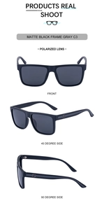 Detail view of matte black square polarized sunglasses with C3 model and S logo