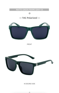 Front and 45-degree side views of matte green square polarized sunglasses with gray lenses