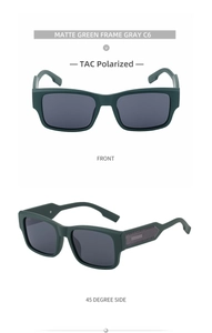 Detail of matte green rectangle sunglasses showing TAC polarized lenses and side temple texture