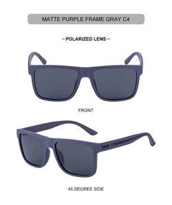 Matte purple square frame sunglasses with grey polarized lenses shown from front and side