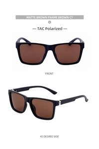 Front and 45-degree side views of matte brown square polarized sunglasses for men