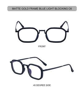 Détail des lunettes de soleil carrées à monture dorée mate et verres anti-lumière bleue