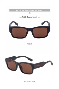 Detail of matte brown square sunglasses featuring TAC polarized lenses and textured temples