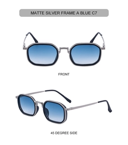 Détails de lunettes de soleil rectangulaires argent mat avec verres dégradés bleus