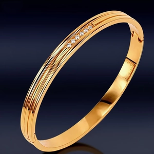 Stainless Steel Bangle For Women Gold Plated Hinged Bracelet With Parallel Grooves Clear Zircon Inlay Fashion Jewelry