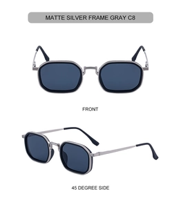 Détail de lunettes de soleil carrées en argent mat avec monture texturée grise