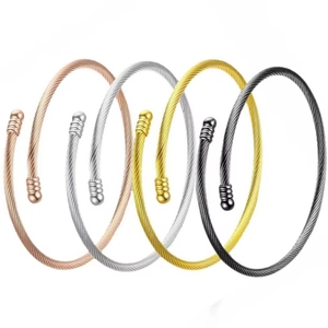 Set of four minimalist stainless steel cable wire bangles in gold, silver, rose gold and black