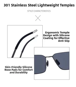 Detail of lightweight 301 stainless steel temples and anti-slip silicone nose pads