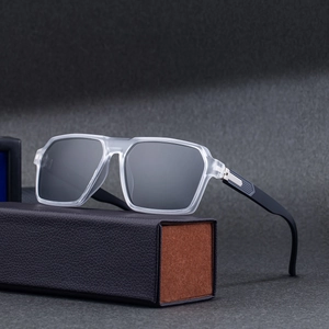 Square matte polarized sunglasses with silver metal trim and premium leather case