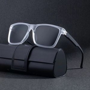 Polarized square sunglasses with frosted white frames and a black leather case