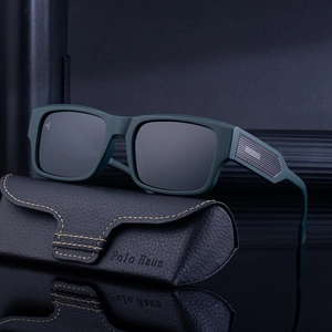Mens square polarized sunglasses in matte dark green with leather case on black mirror