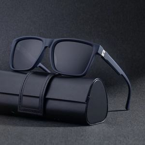 Polarized square frame sunglasses for men with a matte navy finish and a luxury leather case
