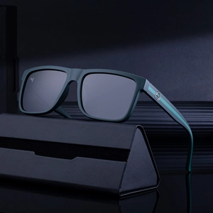 Polarized square frame sunglasses in dark green with a matte finish and a premium leather case