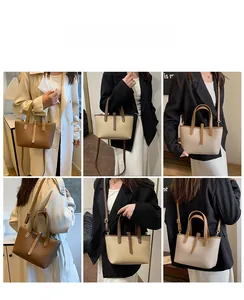 Detail shots of minimalist lychee grain leather bucket bag in earthy tones with strap options