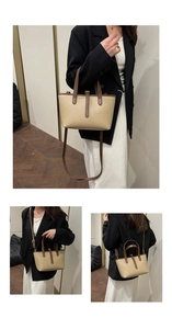 Close-up of litchi texture faux leather and contrast color stitching on tote bag