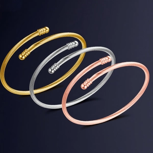 Bracelet Jonc En Acier Inoxydable Pour Femme Minimaliste Câble Torsadé Manchette Ouverte Embouts Ronds Bijou De Mode Cadeau