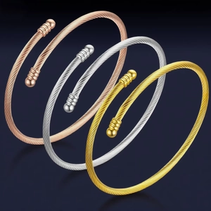 Women Stainless Steel Cable Wire Cuff Bracelet Minimalist Geometric Open Bangle With Ball Ends Fashion Jewelry