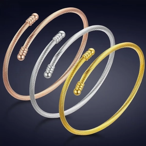 Bracciale A Polsino In Cavo Di Acciaio Inossidabile Minimalista Corda Intrecciata Aperto Con Estremità A Sfera Donna