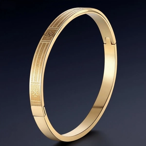 Polished gold titanium steel bangle with embossed four-leaf clover patterns and snap buckle