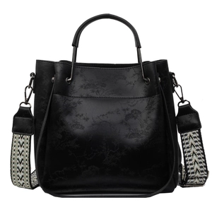 Sac fourre-tout noir en cuir gaufré avec bandoulière tissée élégante pour femme