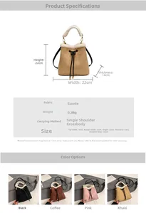 Size chart showing dimensions and specifications for the suede bucket bag with plush trim