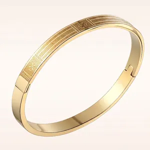 Gold titanium steel bracelet with clover motifs and matte textured finish for couples