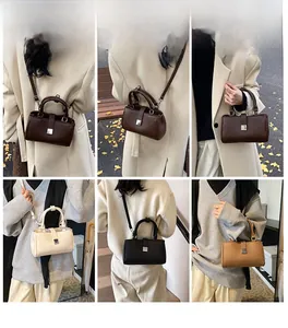 Detailed views of women's vintage lychee leather crossbody bag shown in multiple colors