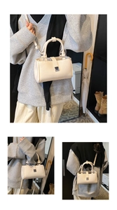 Close-up of beige lychee leather handbag showing silver square buckle and texture details
