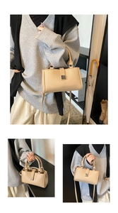 Detail of beige lychee pattern leather handbag with silver square metal buckle and strap