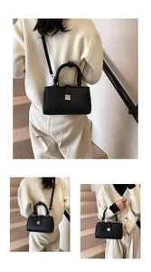 Three-angle view of a black litchi pattern crossbody bag with a silver metal buckle