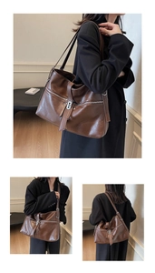 Détail du sac fourre-tout vintage en cuir marron foncé avec fermoir et fermeture éclair