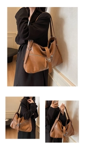 Vues détaillées d'un sac cabas rétro marron avec boucle métallique et coutures