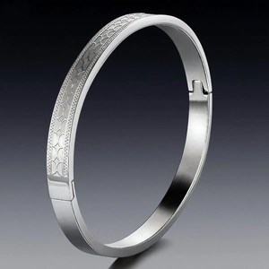 Geometric Etched Pattern Stainless Steel Bangle Minimalist Hinge Clasp Bracelet For Women
