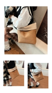 Dettaglio della borsa a secchiello in finta pelle scamosciata marrone con shearling