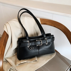 Retro PU Leather Underarm Shoulder Bag For Women Moto Style Baguette Purse With Metal Buckle Niche Trendy Large Capacity