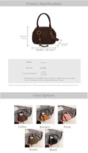Detail specifications of the frosted PU leather boston crossbody bag showing colors and size