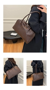 Three-angle lifestyle shots showing the dark brown retro tote bag worn on shoulder