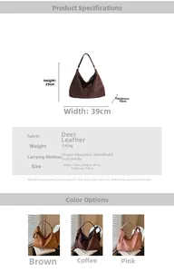 Detailed size specifications and material view for the large suede crossbody tote bag
