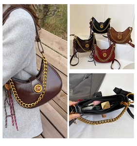 Chic half-moon underarm bags in four colors with gold chain straps and interior space view