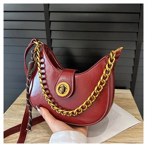 Detailed shot of burgundy semi-circle leather bag with gold chain and twist lock