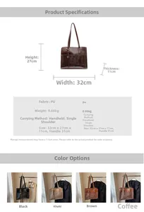 Detailed size specifications and color options for the large PU tote shoulder bag