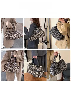 Close-up of leopard print faux fur tote bag showing the plush texture and black leather handles