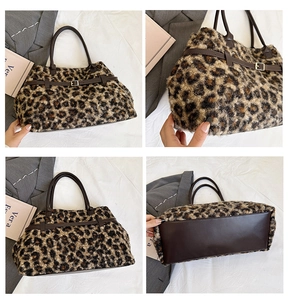 Detailed views of leopard print plush tote bag with brown leather handles and gold buckle
