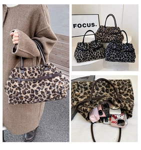 Detail of leopard print plush tote bag showing large capacity and soft faux fur texture